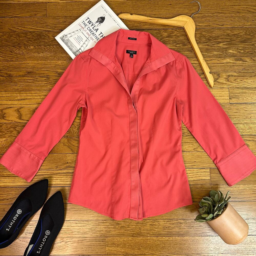Talbots Dark Pink 3/4 Sleeve Wrinkle Resistant Button Down Blouse